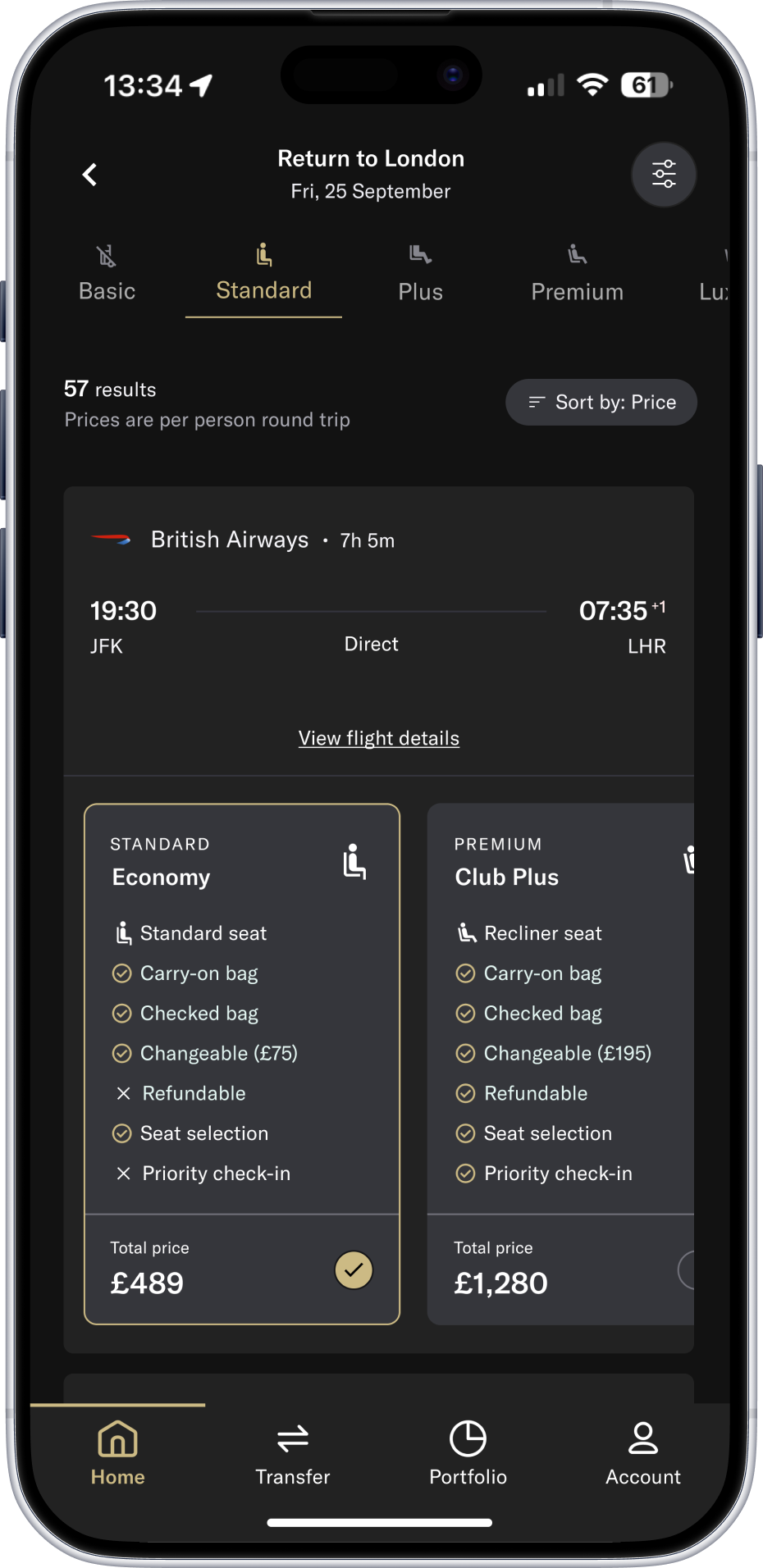 Duffel mobile — return flight details